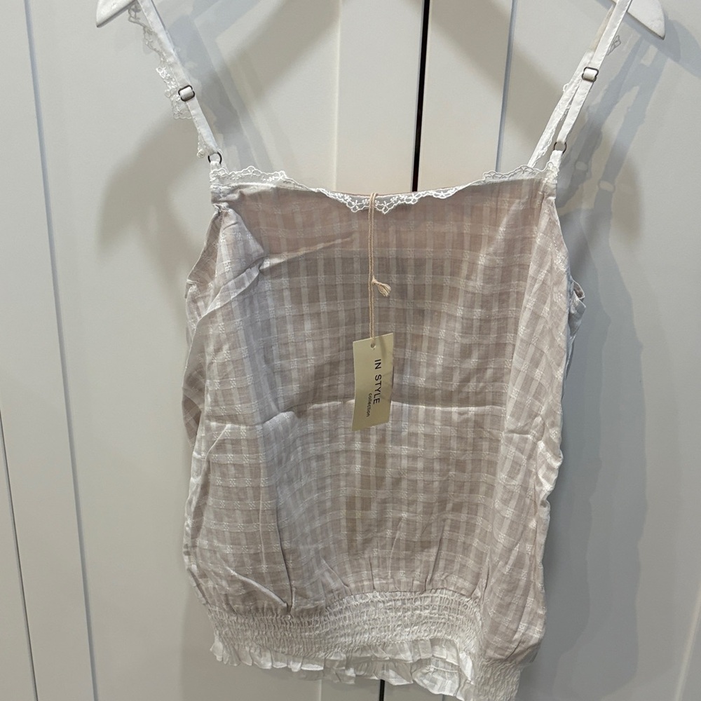IN STYLE Women's Cream Plaid Lace-Trim Cami